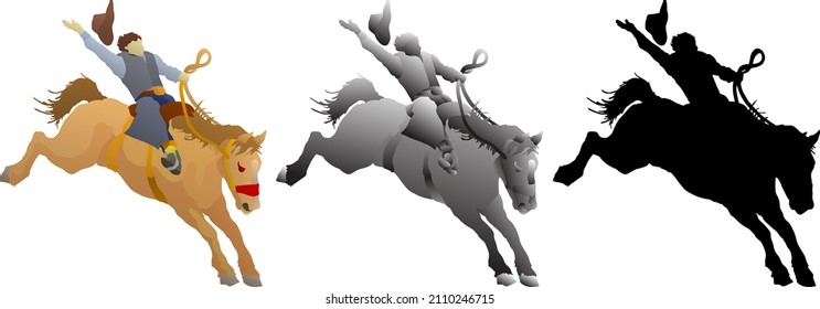 Silhouette Icon Of Rodeo Cowboy Rider Wrestle A Bucking Bronco Horse. Vector Illustration.