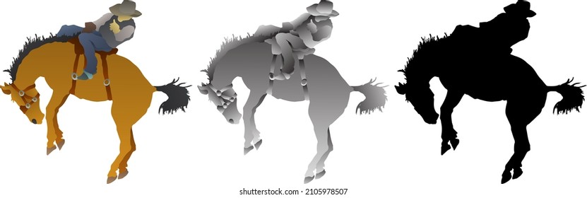 Silhouette Icon Of Rodeo Rider On A Bucking Bronco Horse. Vector Illustration.