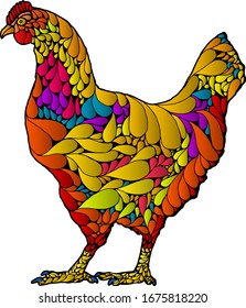 Silhouette icon of a rooster in psychedelic pattern. Vector illustration.