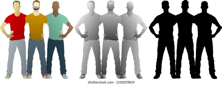 Silhouette icon of row of multi racial man embrace arm in arm for the concept of human solidarity, isolated against white. Vector illustration.