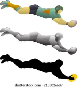 Silhouette icon of rugby player dive to score a try goal, isolated against white. Vector illustration.