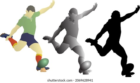 Silhouette icon of rugby player kicking a ball. Vector illustration.