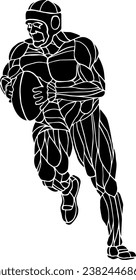 Silhouette icon of a rugby player running with the rugby oval ball, isolated against white. Vector illustration.