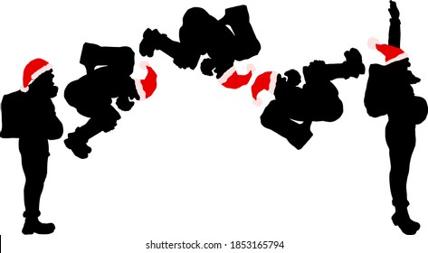 Silhouette icon of Santa Claus with a backpack of Christmas presents doing a celebratory somersault. Vector illustration.