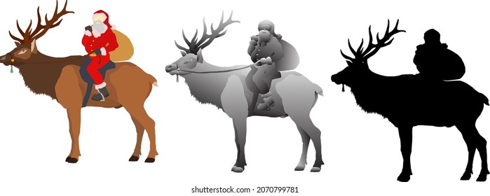 Silhouette icon of Santa Claus with a big bag of goodies riding a reindeer for Christmas concept. Vector illustration.