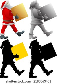 Silhouette icon of Santa Claus delivering a gift package, isolated against white. Vector illustration.