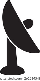 Silhouette icon of a satellite dish antenna. Simple black communication symbol ideal for technology, telecom, signal transmission, or space-related design and infographics.