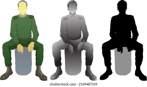 Silhouette icon of security guard in green jersey on sentry duty sitting on a barrier, isolated against white. Vector illustration.
