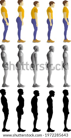 Silhouette icon series of boy in side-way profile showing various standing posture. Vector illustration.