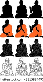 Icono de la silueta de una serie de monjes budistas en varias poses de meditación, aislados contra blancos. Ilustración vectorial.