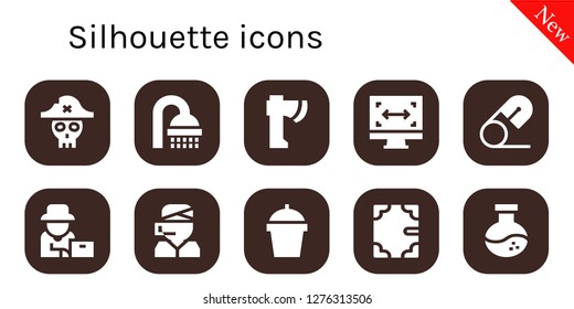  silhouette icon set. 10 filled silhouette icons. Simple modern icons about  - Pirate, Shower, Axe, Size, Safety pin, Farmer, Call center, Drink, Book, Flask
