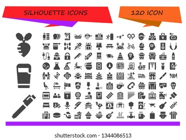 silhouette icon set. 120 filled silhouette icons.  Collection Of - Turnip, Pen, Beer, People, Heads, Drill, Boat, Carriage, Swimming, Exit, Swings, Pretzel, Boy, Teddy bear, Shopping bag