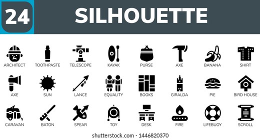 silhouette icon set. 24 filled silhouette icons.  Simple modern icons about  - Architect, Toothpaste, Telescope, Kayak, Purse, Axe, Banana, Shirt, Sun, Lance, Equality, Books