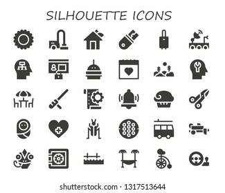 silhouette icon set. 30 filled silhouette icons.  Collection Of - Sun, Vacuum cleaner, House, Usb, Suitcase, Satellite dish, Mind, Profile, Burger, Calendar, Forest, Chairs, Baton