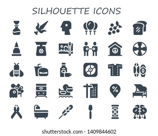 silhouette icon set. 30 filled silhouette icons.  Collection Of - Flask, Martial arts, Head, Balloons, Grapes, Bread, Temple, Scale, Painting brush, Friendship, Peace, Propeller
