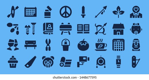 silhouette icon set. 32 filled silhouette icons. on blue background style Simple modern icons about  - Kayak, Spoons, Toast, Muffin, Calendar, Screw, Picnic, Saw, Lighter, Faq