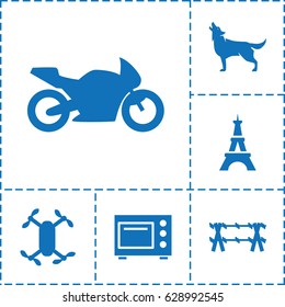 Silhouette icon. set of 6 silhouette filled icons such as wolf, Eiffel Tower, microwave, motorbike, wire fence