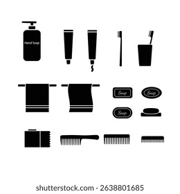 Silhouette icon set of bathroom and dental care items such as toothbrush, toothpaste, bar soap, soap bottle, cup, towel, various comb, and toilet paper.