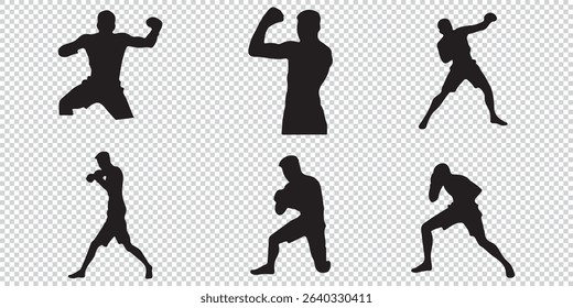 Silhouette Icon Set of a Boxer Throwing a Punch  Minimalist Boxing Action Icons EPS 10