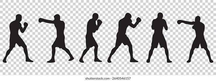 Silhouette Icon Set of a Boxer Throwing a Punch — Minimalist Boxing Action Icons EPS 10