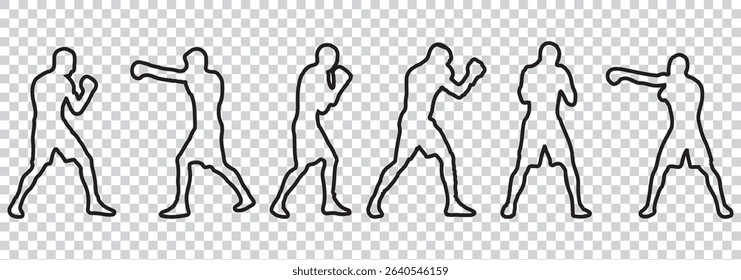 Silhouette Icon Set of a Boxer Throwing a Punch — Minimalist Boxing Action Icons EPS 10