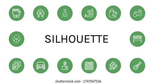 silhouette icon set. Collection of Gloves, Heterosexual, Beetle, Brothers, Shopping bag, Soap, Script, Car, Wallet, Calendar, Viola, Love, Bench icons