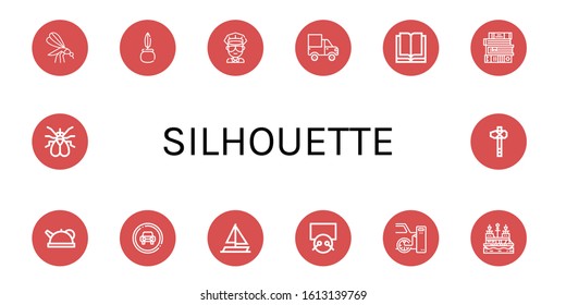 silhouette icon set. Collection of Mosquito, Quill, Cop, Cargo truck, Reading, Books, Teapot, Traffic sign, Sailing boat, Drums, Tires, Pirate ship, Fly, Axe icons