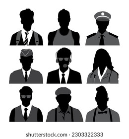 Silhouette icon set of people in multiple professions.