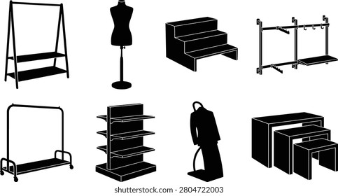 Silhouette Icon Set of Retail Display Fixtures and Store Furniture for Merchandising Design