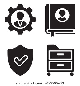 Conjunto de iconos de silueta: Configuraciones de usuario, libro de Perfiles, escudo de seguridad, gabinete de almacenamiento