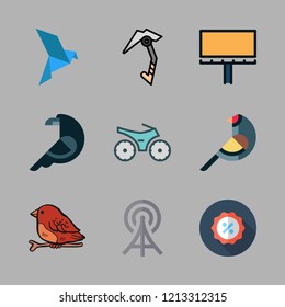 silhouette icon set. vector set about radio antenna, maps and flags, crow and motorcycle icons set.