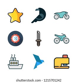 silhouette icon set. vector set about drilling, crow, dagger and motorcycle icons set.