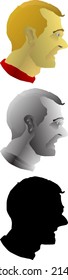 Silhouette icon of sideway mugshot of male human head, isolated against white. Vector illustration.