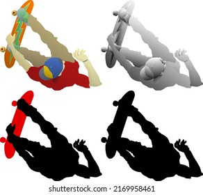 Silhouette icon of a skateboarder launching into the air on a skateboard to do a flip, isolated against white. Vector illustration.