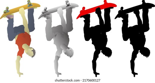 Silhouette icon of skateboarder perform one hand-stand while holding a skateboard, isolated against white. Vector illustration.