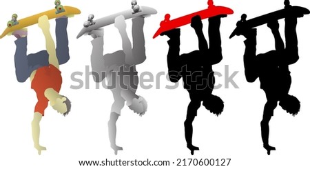 Silhouette icon of skateboarder perform one hand-stand while holding a skateboard, isolated against white. Vector illustration.