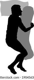 Silhouette icon of a sleeping man snuggling a bolster pillow. Vector illustration.