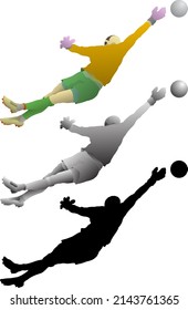 Silhouette Icon Of Soccer Goalie Dive To Save A Ball, Isolated Against White. Vector Illustration.