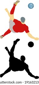 Silhouette icon of a soccer player executing an overhead bicycle-kick. Vector illustration.