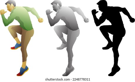 Silhouette icon of sportsman performing the sprinter start  exercise workout, isolated against white. Vector illustration.