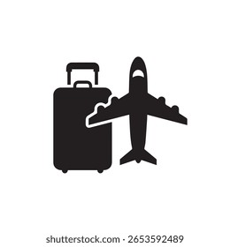 Silhouette icon of a suitcase and airplane representing travel, tourism, vacation, or business trip. Ideal for apps, travel agencies, booking platforms, and transportation services.