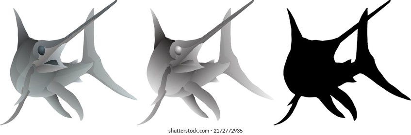 Silhouette icon of swordfish leap into the air, isolated against white. Vector illustration.