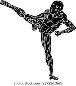 Silhouette icon of a Tae Kwon Do martial art exponent doing a side-kick, isolated against white. Vector illustration.