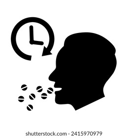 Silhouette of icon of taking medicine pills on time. Head with open mouth and clock. Isolated on white background. Vector illustration