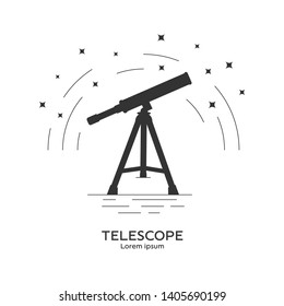 Silhouette icon of telescope. Telescope logo. Space exploration and adventure symbol. Concept of world explore. Clean and modern vector illustration for design, web.