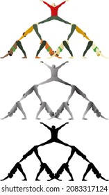 Silhouette Icon Of Three Level Human Pyramid. Vector Illustration.