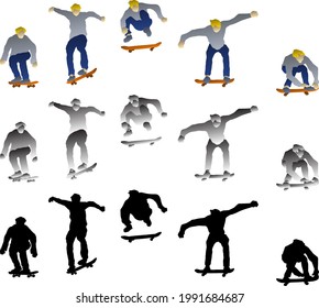 Silhouette icon of the time lapse sequence of a boy executing a jump on a skateboard. Vector illustration.