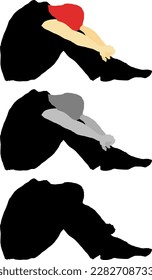 Silhouette icon of tired man sit crouching with his head between his knees for the concept of depression, isolated against white. Vector illustration.