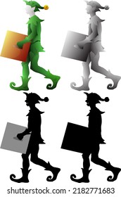 Silhouette icon of tired Santa elf carry a heavy box with its hand, isolated against white. Vector illustration. 