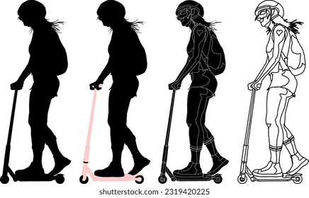 Silhouette Symbol des trendigen jungen Mädchens mit einem Rucksack reiten ein Kick-Scooter-Fahrrad, einzeln auf Weiß. Vektorgrafik.